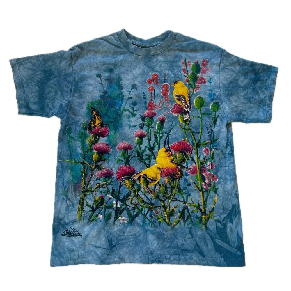 Vintage The Mountain T Shirt Mens L Birds Butterfly Blue Wanda Mumm 1998 - Picture 1 of 6